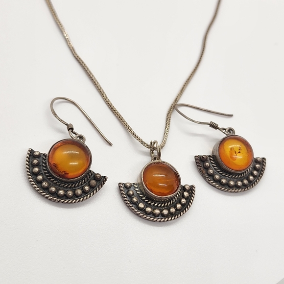 Vintage Boma 925 Sliver Amber Pendant & Earrings - Picture 12 of 14
